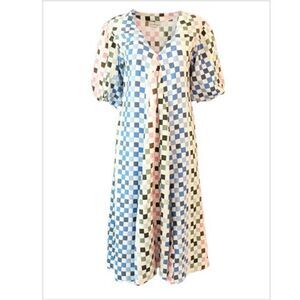 LJC Designs Charlotte Dress Multi Check 100% Linen Size M